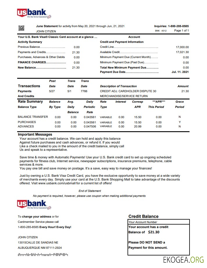 Modèle de relevé de carte de crédit bancaire américain au format de fichier Excel et PDF